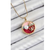 316L Çelik Zincir Zirkon Taşlı Asorti Sanatsal Portre İnci Detaylı Kelebek Figürlü Model Gold Renk Kadın Kolye - TJ-BKO10285