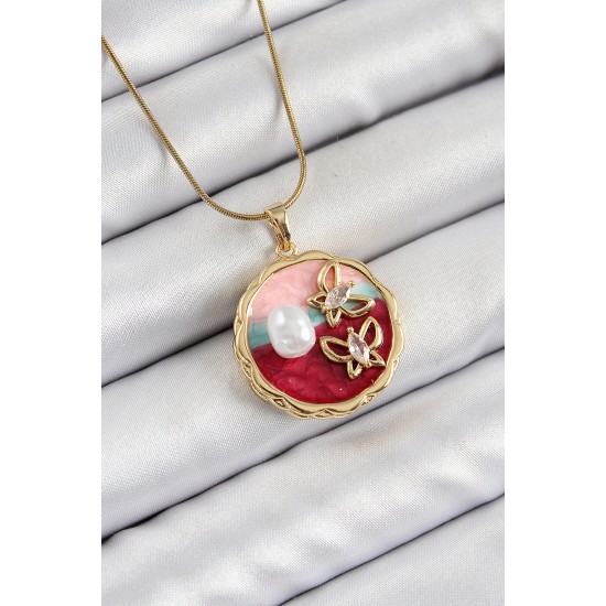 316L Çelik Zincir Zirkon Taşlı Asorti Sanatsal Portre İnci Detaylı Kelebek Figürlü Model Gold Renk Kadın Kolye - TJ-BKO10285