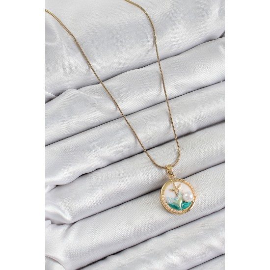 316L Çelik Zincir Beyaz Mineli Sanatsal Portre İnci Detaylı Deniz Yılıdızı Model Gold Renk Kadın Kolye - TJ-BKO10286