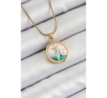316L Çelik Zincir Beyaz Mineli Sanatsal Portre İnci Detaylı Deniz Yılıdızı Model Gold Renk Kadın Kolye - TJ-BKO10286