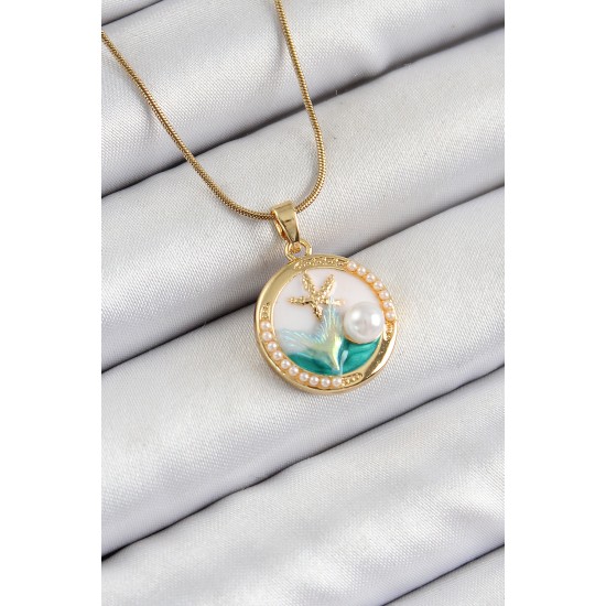 316L Çelik Zincir Beyaz Mineli Sanatsal Portre İnci Detaylı Deniz Yılıdızı Model Gold Renk Kadın Kolye - TJ-BKO10286