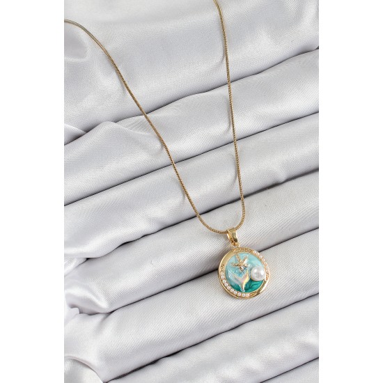 316L Çelik Zincir Turkuaz Mineli Sanatsal Portre İnci Detaylı Deniz Yılıdızı Model Gold Renk Kadın Kolye - TJ-BKO10287