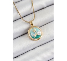 316L Çelik Zincir Turkuaz Mineli Sanatsal Portre İnci Detaylı Deniz Yılıdızı Model Gold Renk Kadın Kolye - TJ-BKO10287