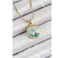 316L Çelik Zincir Turkuaz Mineli Sanatsal Portre İnci Detaylı Deniz Yılıdızı Model Gold Renk Kadın Kolye - TJ-BKO10287