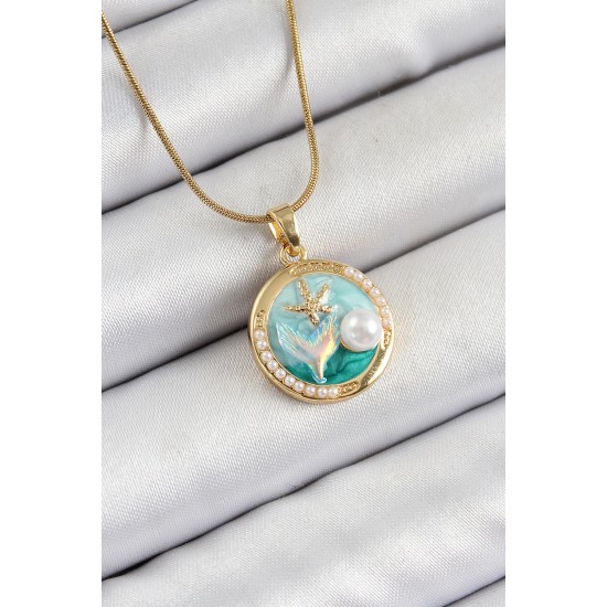 316L Çelik Zincir Turkuaz Mineli Sanatsal Portre İnci Detaylı Deniz Yılıdızı Model Gold Renk Kadın Kolye - TJ-BKO10287