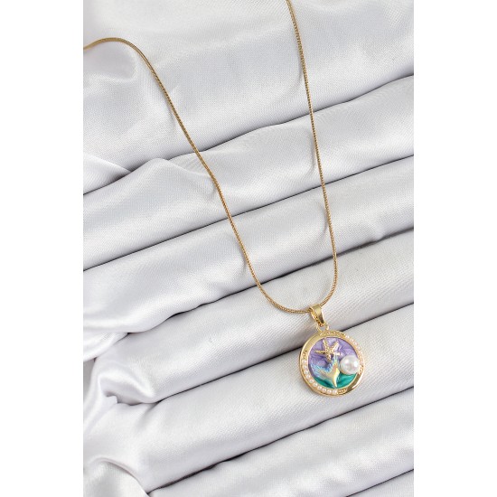 316L Çelik Zincir Mor Mineli Sanatsal Portre İnci Detaylı Deniz Yılıdızı Model Gold Renk Kadın Kolye - TJ-BKO10288