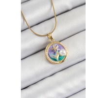316L Çelik Zincir Mor Mineli Sanatsal Portre İnci Detaylı Deniz Yılıdızı Model Gold Renk Kadın Kolye - TJ-BKO10288