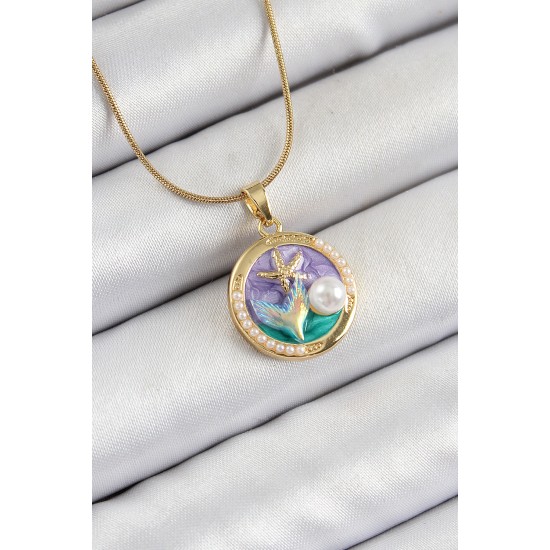 316L Çelik Zincir Mor Mineli Sanatsal Portre İnci Detaylı Deniz Yılıdızı Model Gold Renk Kadın Kolye - TJ-BKO10288