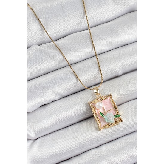 316L Çelik Zincir Pembe Sanatsal Portre İnci Detaylı Gül Figürlü Model Gold Renk Kadın Kolye - TJ-BKO10289