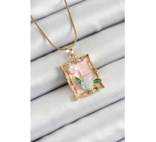 316L Çelik Zincir Pembe Sanatsal Portre İnci Detaylı Gül Figürlü Model Gold Renk Kadın Kolye - TJ-BKO10289