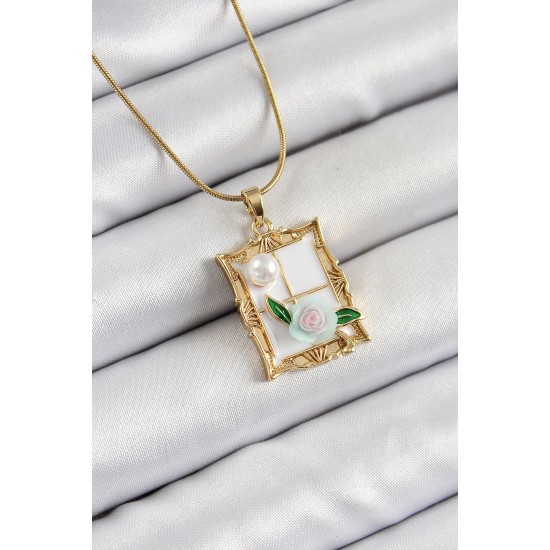 316L Çelik Zincir Beyaz Sanatsal Portre İnci Detaylı Gül Figürlü Model Gold Renk Kadın Kolye - TJ-BKO10290