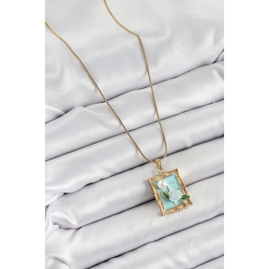 316L Çelik Zincir Turkuaz Sanatsal Portre İnci Detaylı Gül Figürlü Model Gold Renk Kadın Kolye - TJ-BKO10291