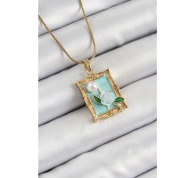 316L Çelik Zincir Turkuaz Sanatsal Portre İnci Detaylı Gül Figürlü Model Gold Renk Kadın Kolye - TJ-BKO10291