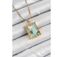 316L Çelik Zincir Turkuaz Sanatsal Portre İnci Detaylı Gül Figürlü Model Gold Renk Kadın Kolye - TJ-BKO10291