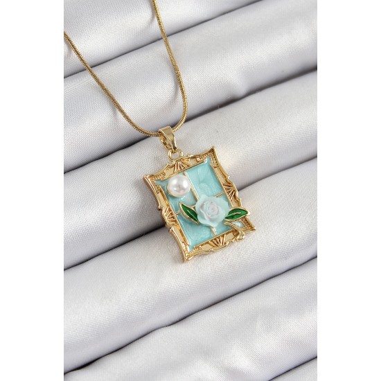 316L Çelik Zincir Turkuaz Sanatsal Portre İnci Detaylı Gül Figürlü Model Gold Renk Kadın Kolye - TJ-BKO10291