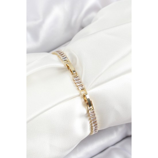 Pirinç Zirkon Taşlı Su Yolu Model Gold Renk Kadın Bileklik - TJ-BB7033