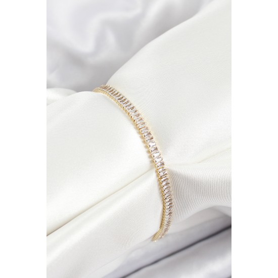 Pirinç Zirkon Taşlı İnce Su Yolu Model Gold Renk Kadın Bileklik - TJ-BB7034