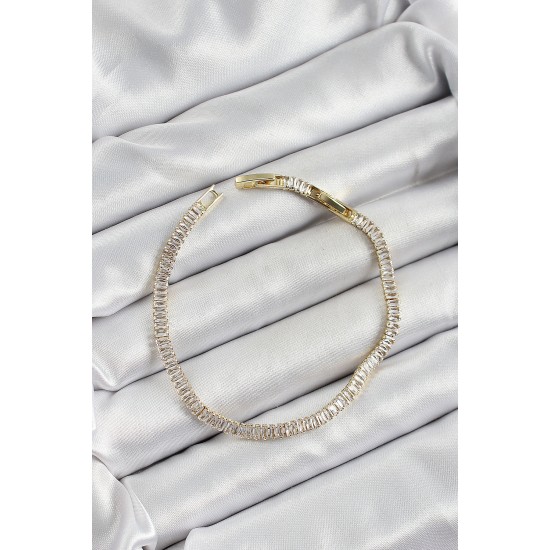 Pirinç Zirkon Taşlı İnce Su Yolu Model Gold Renk Kadın Bileklik - TJ-BB7034