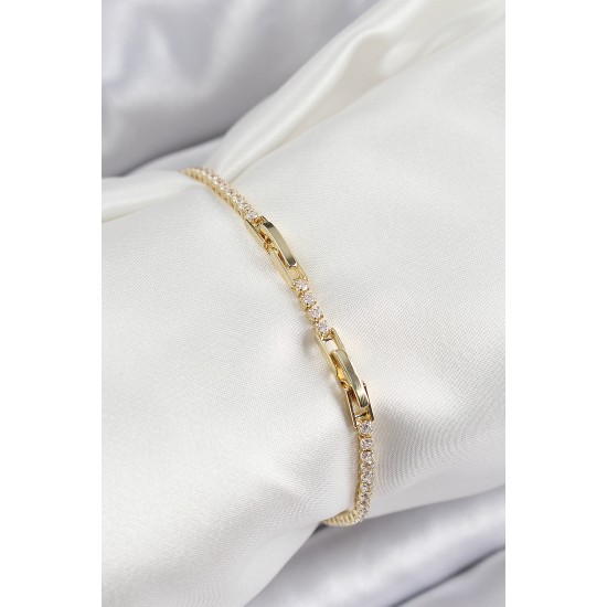 Pirinç Zirkon Taşlı İnce Su Yolu Model Gold Renk Kadın Bileklik - TJ-BB7035