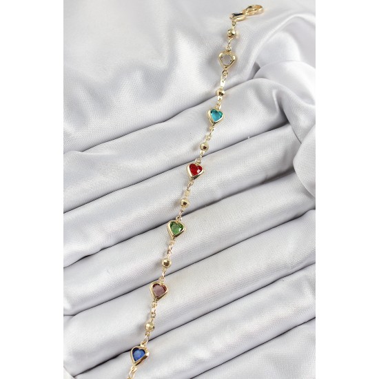 Pirinç Asorti Kalp Model Gold Renk Zirkon Taşlı Kadın Bileklik - TJ-BB7036