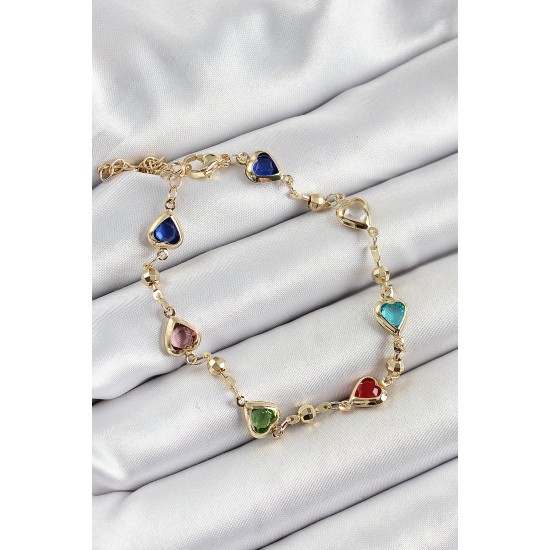 Pirinç Asorti Kalp Model Gold Renk Zirkon Taşlı Kadın Bileklik - TJ-BB7036