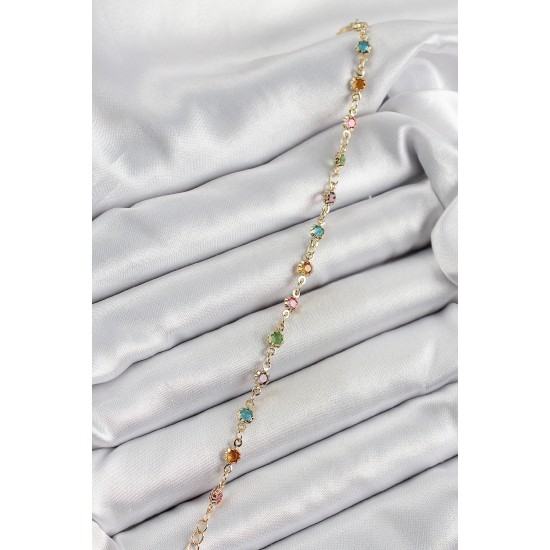 Pirinç Gold Renk Karışık Renkli Zirkon Taşlı Kadın Bileklik - TJ-BB7042