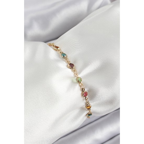 Pirinç Gold Renk Karışık Renkli Zirkon Taşlı Kadın Bileklik - TJ-BB7042