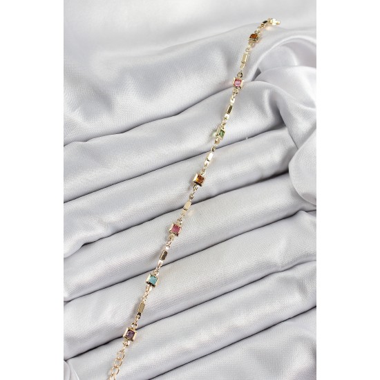 Pirinç Gold Renk Karışık Renkli Kare Zirkon Taşlı Kadın Bileklik - TJ-BB7043