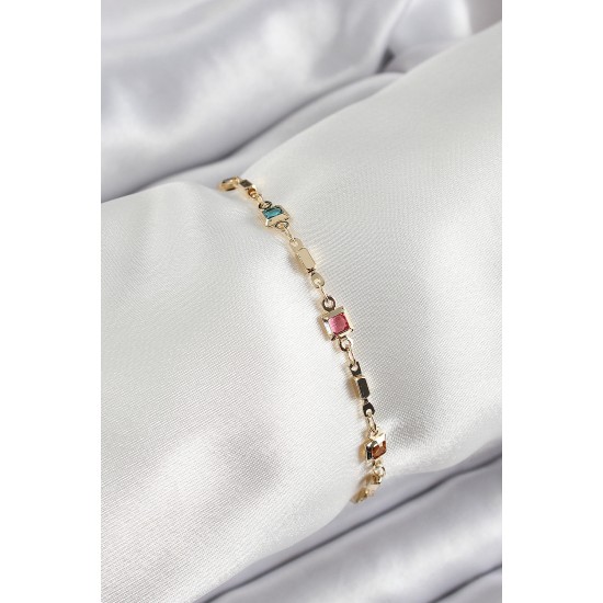 Pirinç Gold Renk Karışık Renkli Kare Zirkon Taşlı Kadın Bileklik - TJ-BB7043