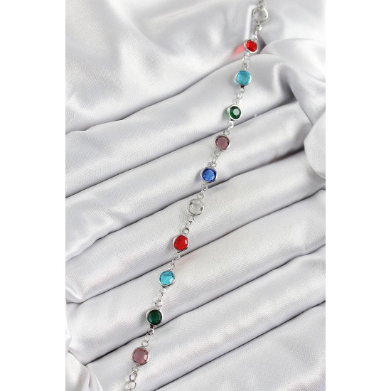 Pirinç Gümüş Renk Karışık Renk Zirkon Taşlı Kadın Bileklik - TJ-BB7046