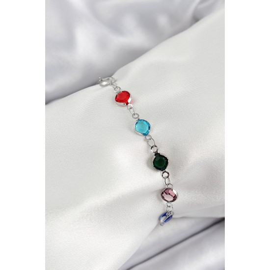 Pirinç Gümüş Renk Karışık Renk Zirkon Taşlı Kadın Bileklik - TJ-BB7046