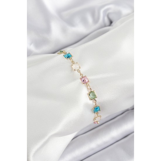 Pirinç Gold Renk Karışık Renk Kare Zirkon Taşlı Kadın Bileklik - TJ-BB7047