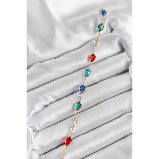 Pirinç Gold Renk Karışık Renk Damla Zirkon Taşlı Kadın Bileklik - TJ-BB7048