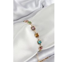 Pirinç Karışık Renk Kare Zirkon Taşlı Gold Renk Kadın Bileklik - TJ-BB7049