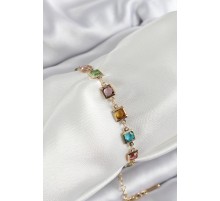 Pirinç Karışık Renk Kare Zirkon Taşlı Gold Renk Kadın Bileklik - TJ-BB7049