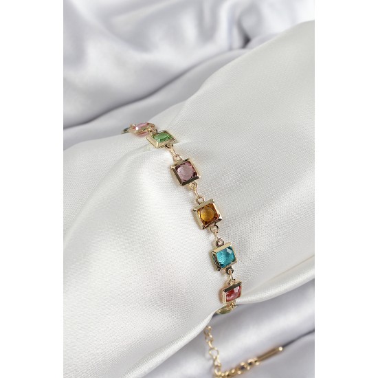 Pirinç Karışık Renk Kare Zirkon Taşlı Gold Renk Kadın Bileklik - TJ-BB7049