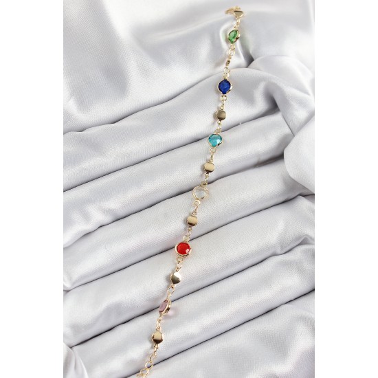 Pirinç Karışık Renk Zirkon Taşlı Gold Renk Kadın Bileklik - TJ-BB7051