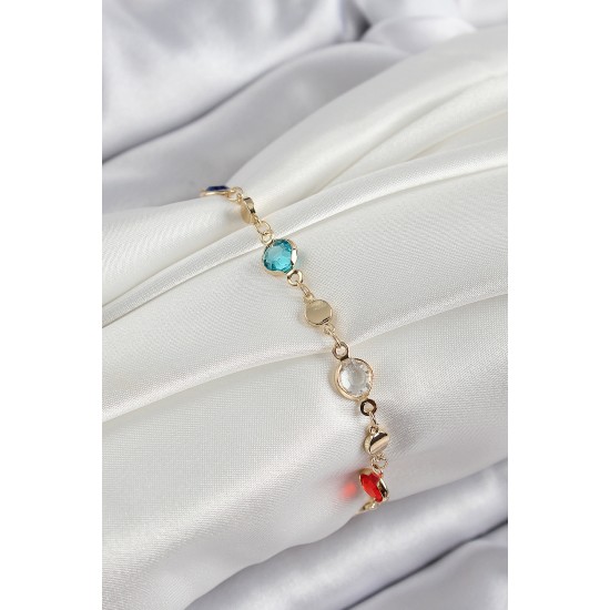 Pirinç Karışık Renk Zirkon Taşlı Gold Renk Kadın Bileklik - TJ-BB7051
