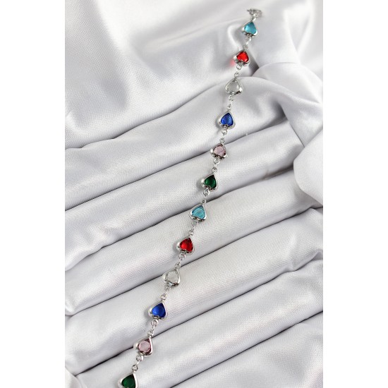 Pirinç Gümüş Renk Karışık Renk Kalp Zirkon Taşlı Kadın Bileklik - TJ-BB7052