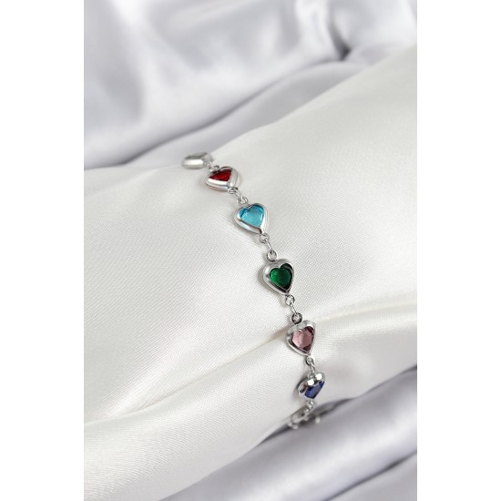 Pirinç Gümüş Renk Karışık Renk Kalp Zirkon Taşlı Kadın Bileklik - TJ-BB7052