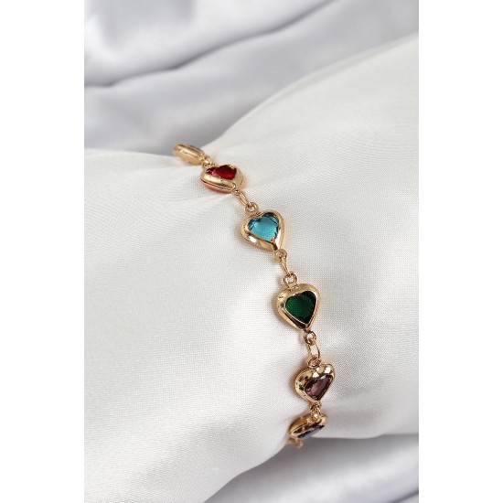 Pirinç Gold Renk Karışık Renk Kalp Zirkon Taşlı Kadın Bileklik - TJ-BB7053