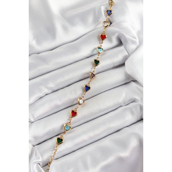 Pirinç Gold Renk Karışık Renk Kalp Zirkon Taşlı Kadın Bileklik - TJ-BB7053