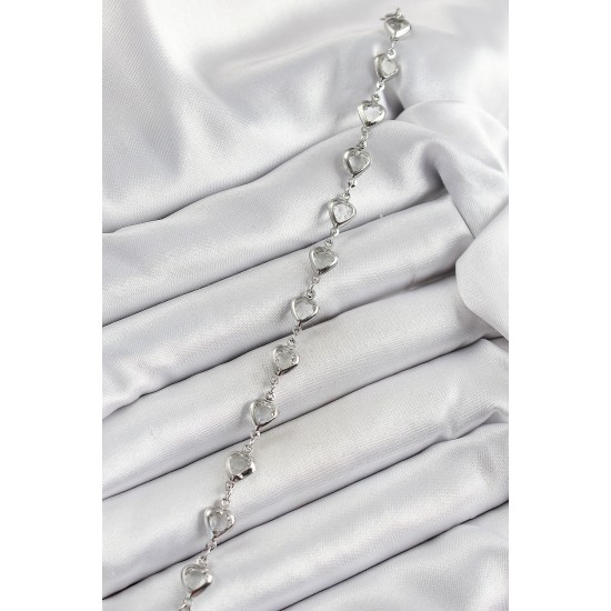 Pirinç Gümüş Renk Kalp Zirkon Taşlı Kadın Bileklik - TJ-BB7054