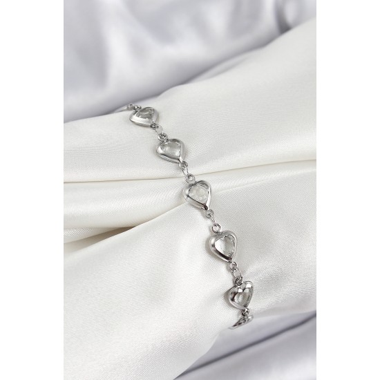 Pirinç Gümüş Renk Kalp Zirkon Taşlı Kadın Bileklik - TJ-BB7054