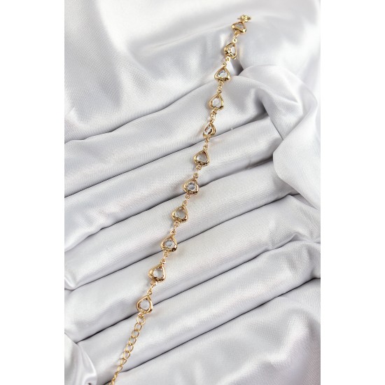 Pirinç Gold Renk Kalp Zirkon Taşlı Kadın Bileklik - TJ-BB7055