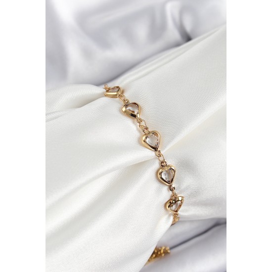 Pirinç Gold Renk Kalp Zirkon Taşlı Kadın Bileklik - TJ-BB7055