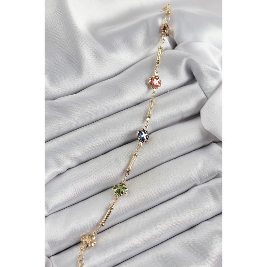 Pirinç Gold Renk Karışık Renk Yonca Zirkon Taşlı Kadın Bileklik - TJ-BB7056