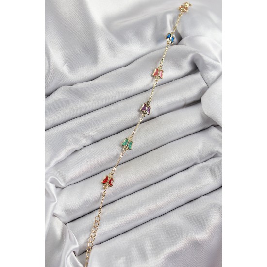 Pirinç Gold Renk Karışık Renk Kelebek Zirkon Taşlı Kadın Bileklik - TJ-BB7057