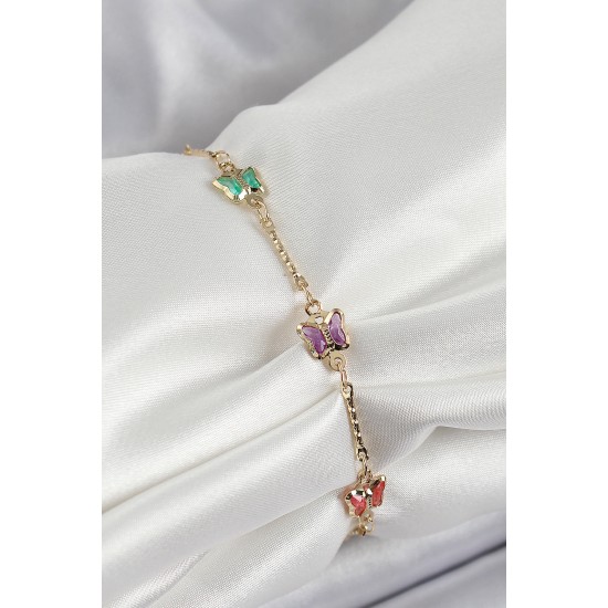 Pirinç Gold Renk Karışık Renk Kelebek Zirkon Taşlı Kadın Bileklik - TJ-BB7057
