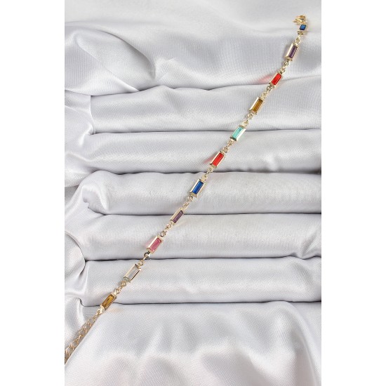 Pirinç Gold Renk Karışık Renkli Kare Zirkon Taşlı Kadın Bileklik - TJ-BB7040